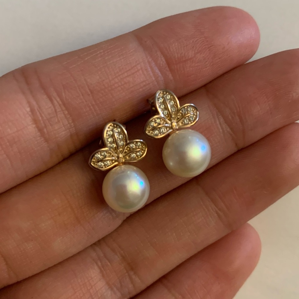 14k rose gold vermeil akoya pearl/CZ earrings